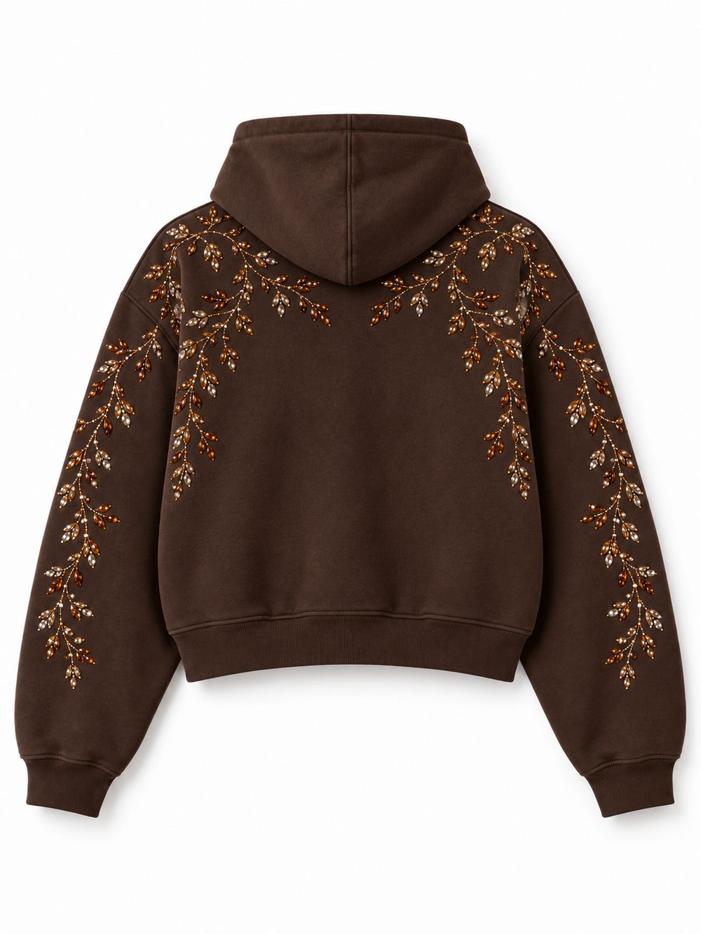 Back view of the Crystal Vine espresso brown rhinestone boxy hoodie with matching amber rhinestone botanical design