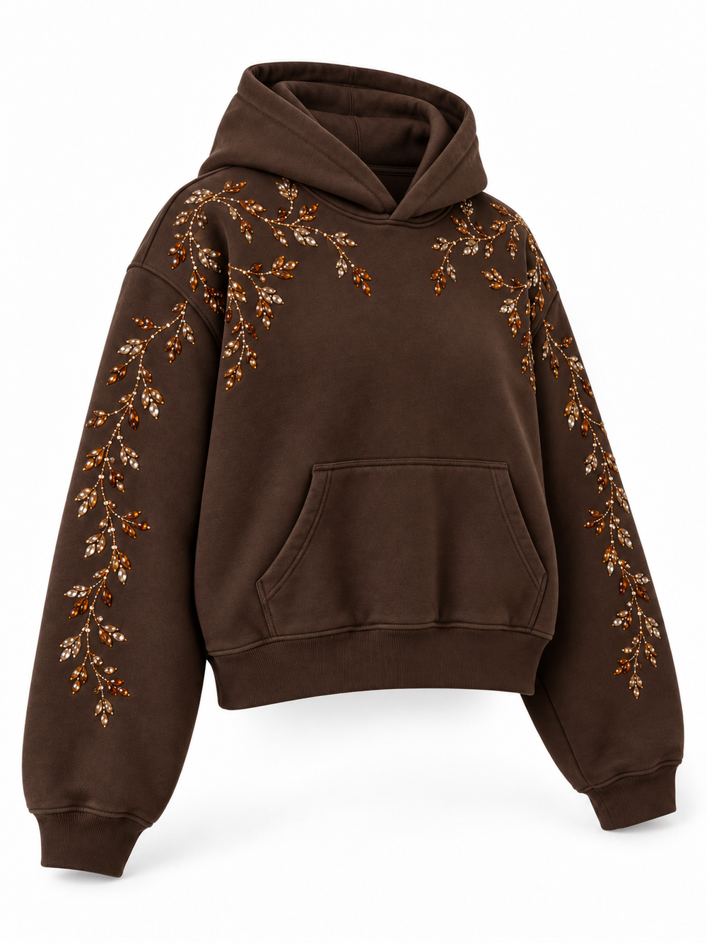 Front three-quarter view of the Crystal Vine espresso brown rhinestone boxy hoodie