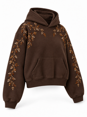 Front three-quarter view of the Crystal Vine espresso brown rhinestone boxy hoodie