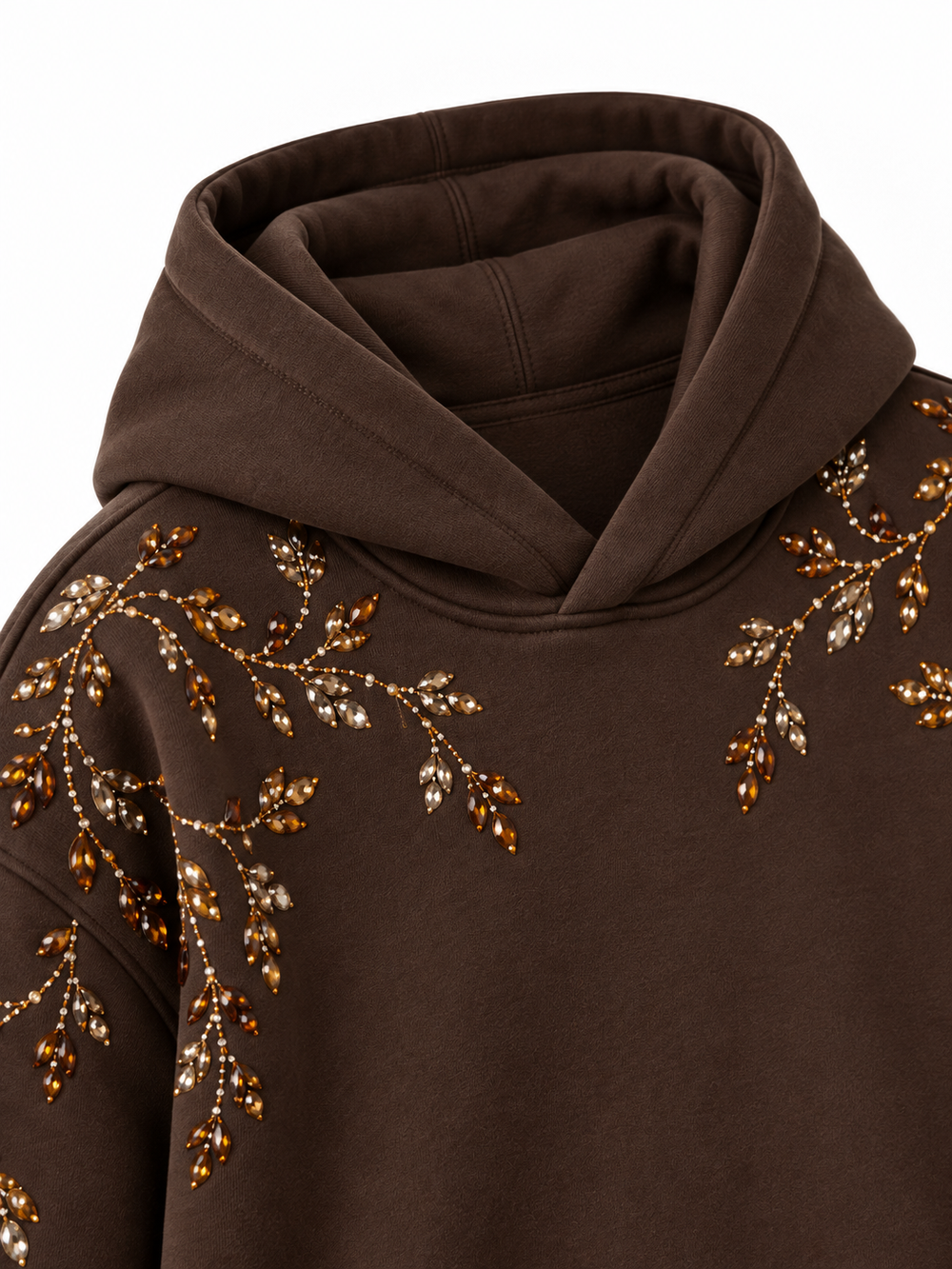 Close-up of the hood and neckline of the Crystal Vine espresso brown rhinestone boxy hoodie
