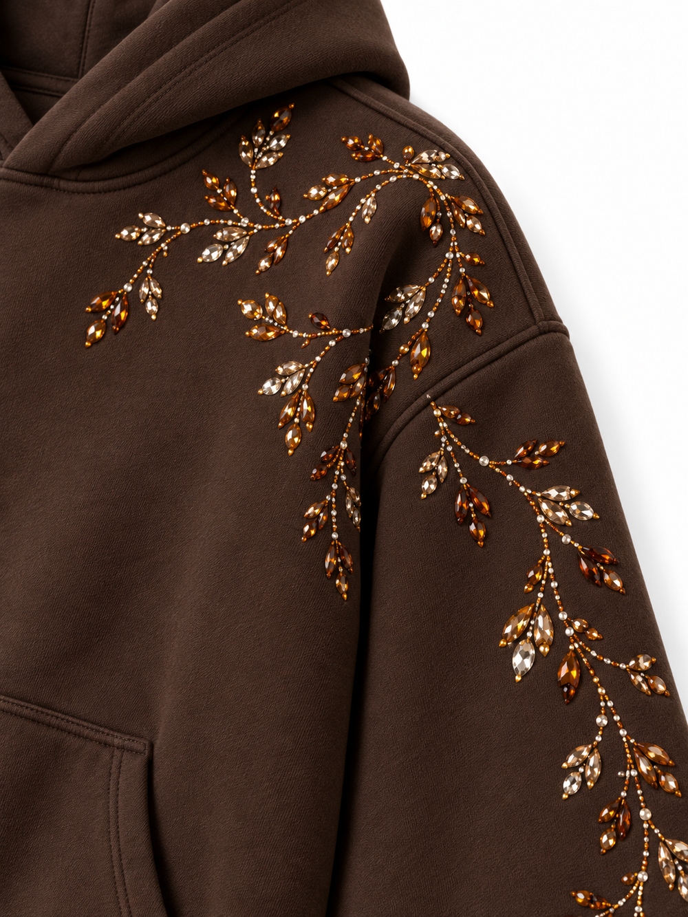 Close-up of the sleeve of the Crystal Vine espresso brown rhinestone boxy hoodie
