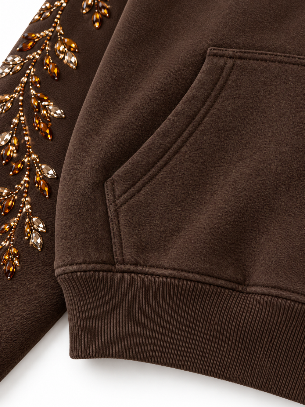 Close-up of the seam stitching of the Crystal Vine espresso brown rhinestone boxy hoodie