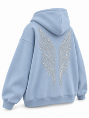 Rear three-quarter view of the Ice Wings icy blue rhinestone zip-up hoodie