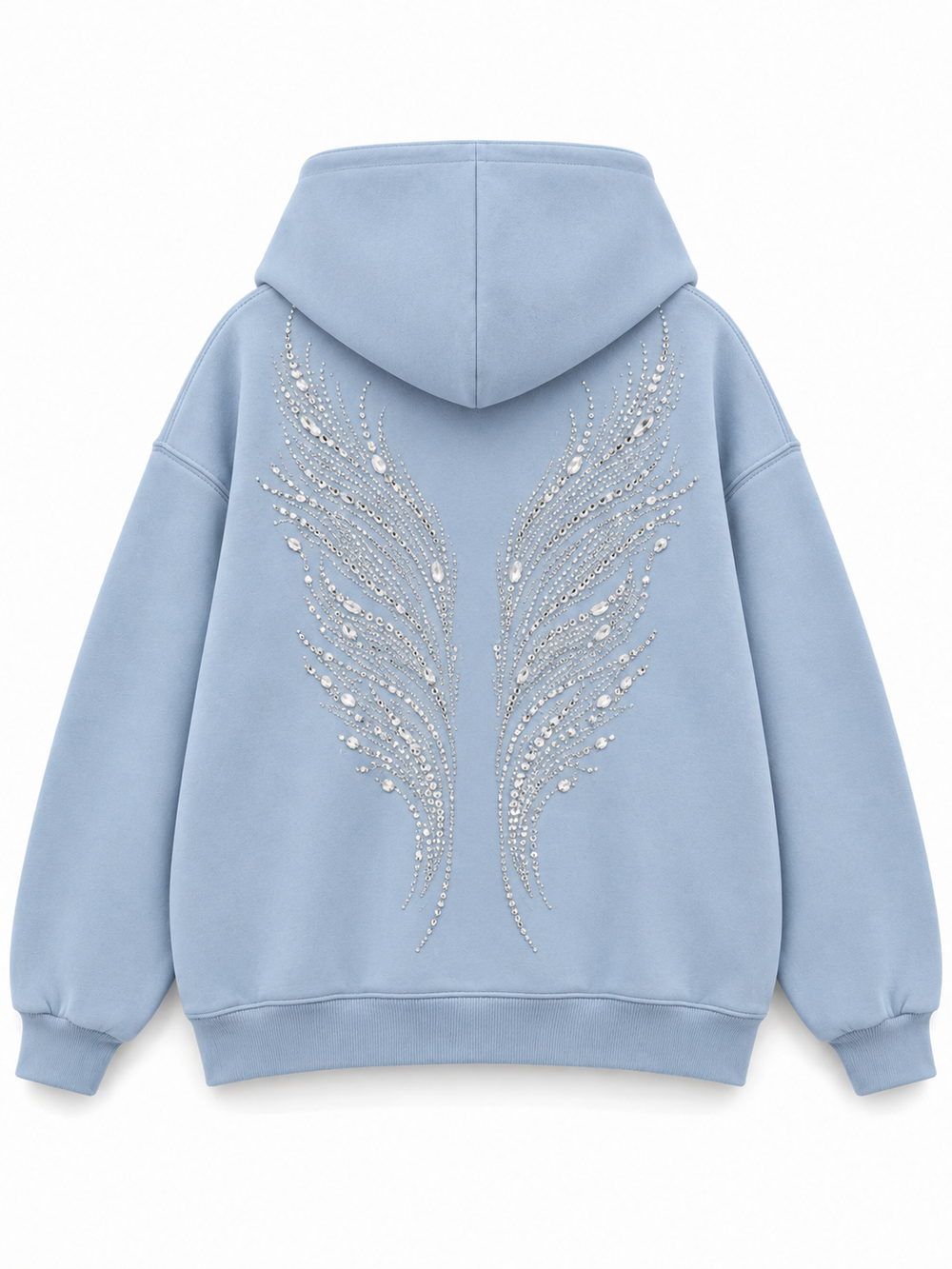 Back view of the Ice Wings icy blue rhinestone zip-up hoodie with a larger silver-tone rhinestone wing arrangement