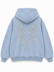 Back view of the Ice Wings icy blue rhinestone zip-up hoodie with a larger silver-tone rhinestone wing arrangement