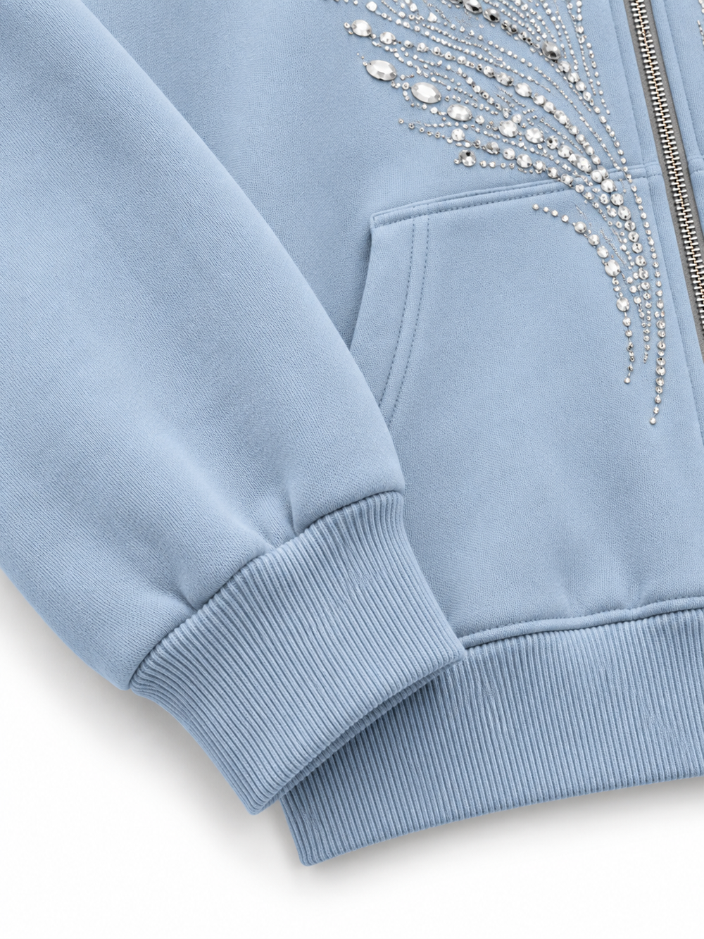Close-up of the cuff and hem rib of the Ice Wings icy blue rhinestone zip-up hoodie