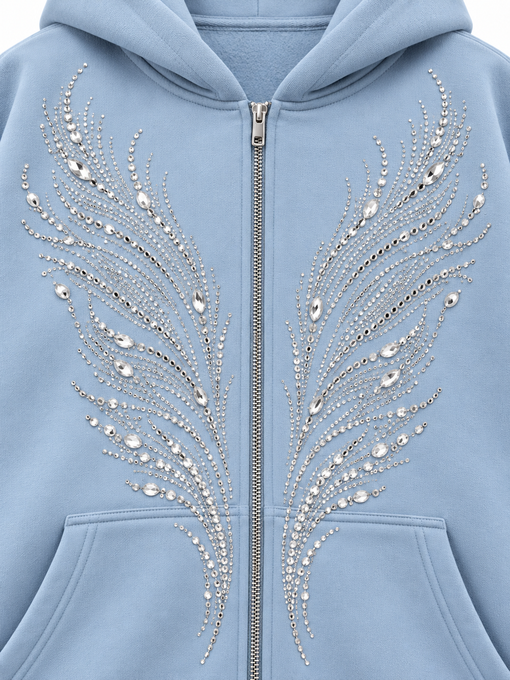 Close-up of the rhinestone decoration on the Ice Wings icy blue rhinestone zip-up hoodie