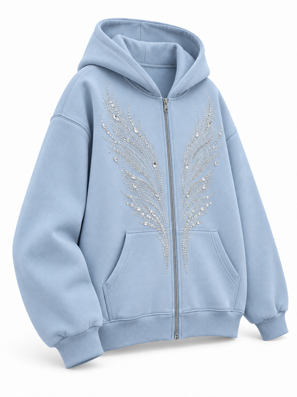 Front three-quarter view of the Ice Wings icy blue rhinestone zip-up hoodie
