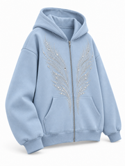 Front three-quarter view of the Ice Wings icy blue rhinestone zip-up hoodie