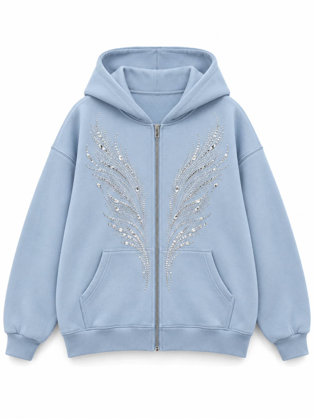 Front view of the Ice Wings icy blue rhinestone zip-up hoodie with silver-tone rhinestone feather wings on either side of the zipper