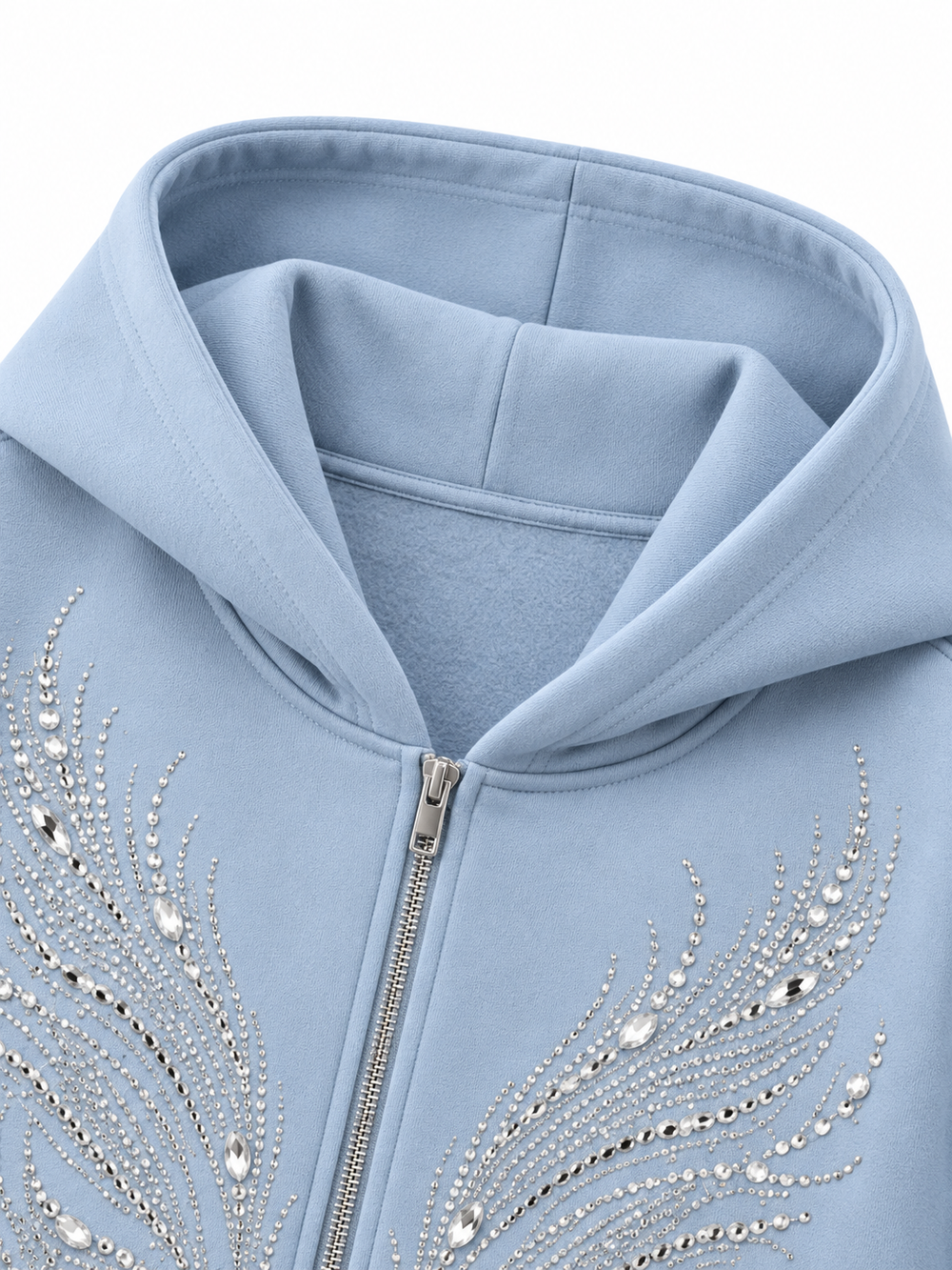 Close-up of the hood and neckline of the Ice Wings icy blue rhinestone zip-up hoodie