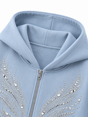 Close-up of the hood and neckline of the Ice Wings icy blue rhinestone zip-up hoodie