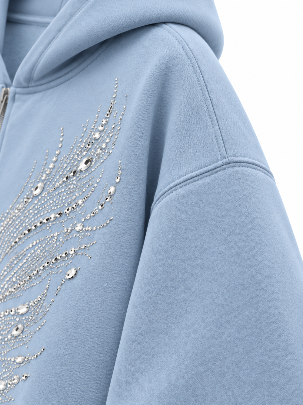 Close-up of the sleeve of the Ice Wings icy blue rhinestone zip-up hoodie