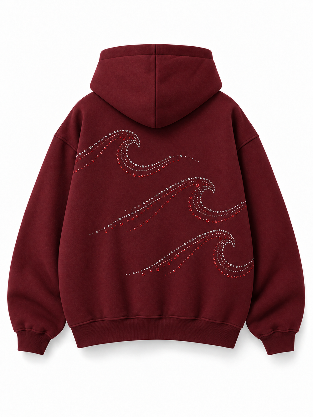 Back view of the Ruby Waves burgundy rhinestone oversized hoodie with three sweeping rhinestone waves
