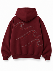 Back view of the Ruby Waves burgundy rhinestone oversized hoodie with three sweeping rhinestone waves