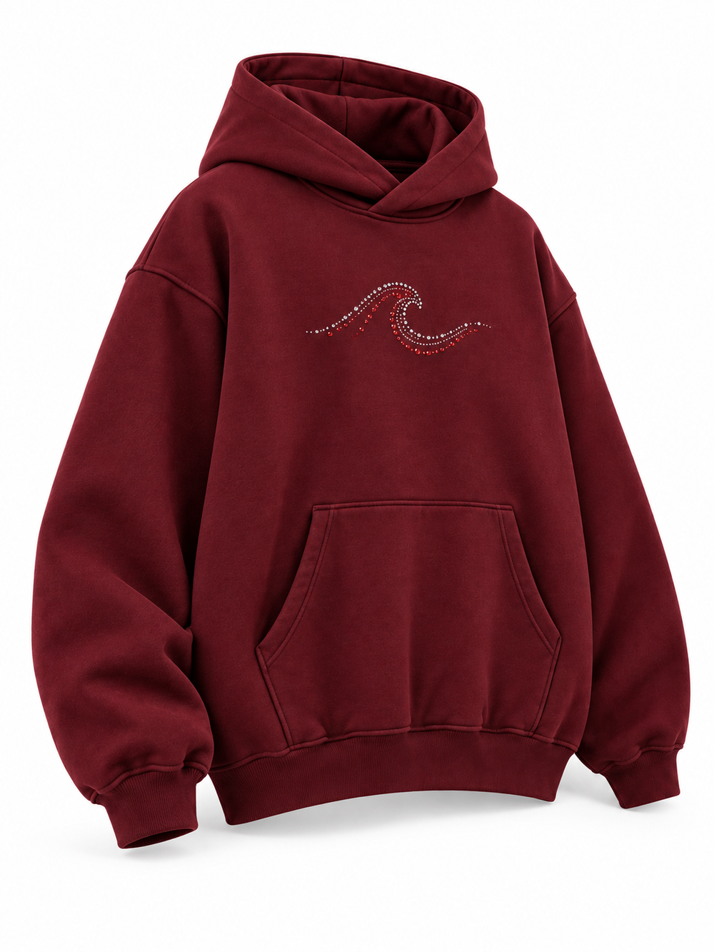 Front three-quarter view of the Ruby Waves burgundy rhinestone oversized hoodie