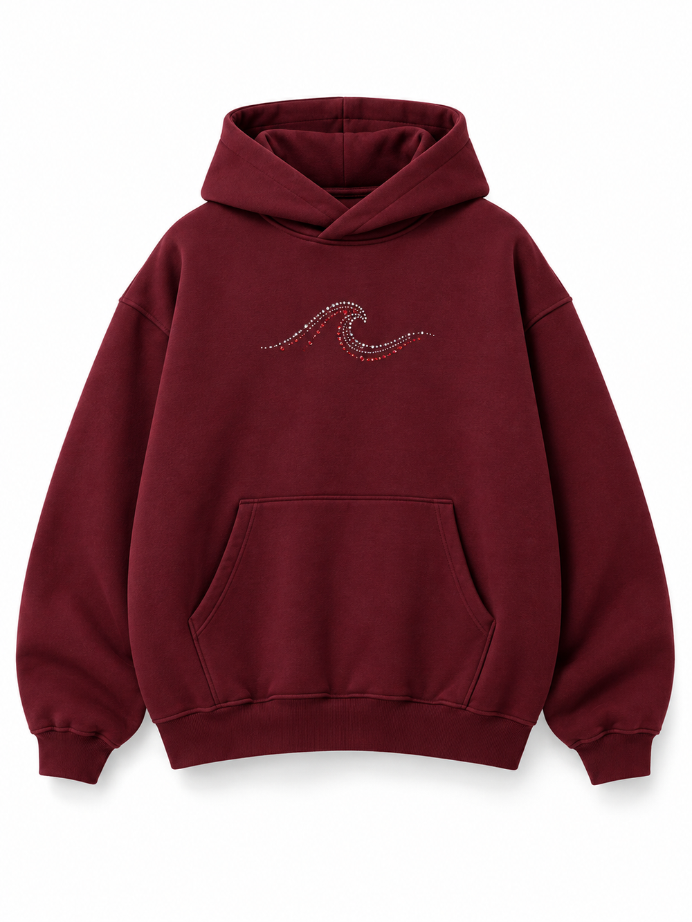 Front view of the Ruby Waves burgundy rhinestone oversized hoodie with a small ruby-tone rhinestone wave at the chest