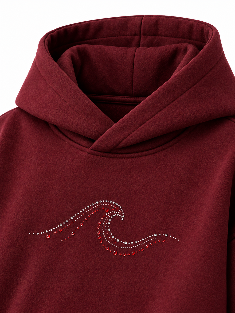 Close-up of the hood and neckline of the Ruby Waves burgundy rhinestone oversized hoodie
