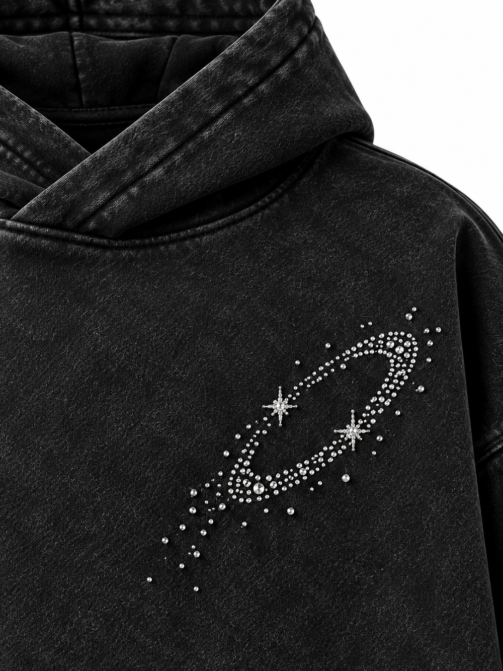 Detail view of the Orbit Constellation washed black rhinestone oversized hoodie