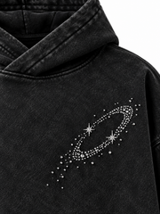 Detail view of the Orbit Constellation washed black rhinestone oversized hoodie