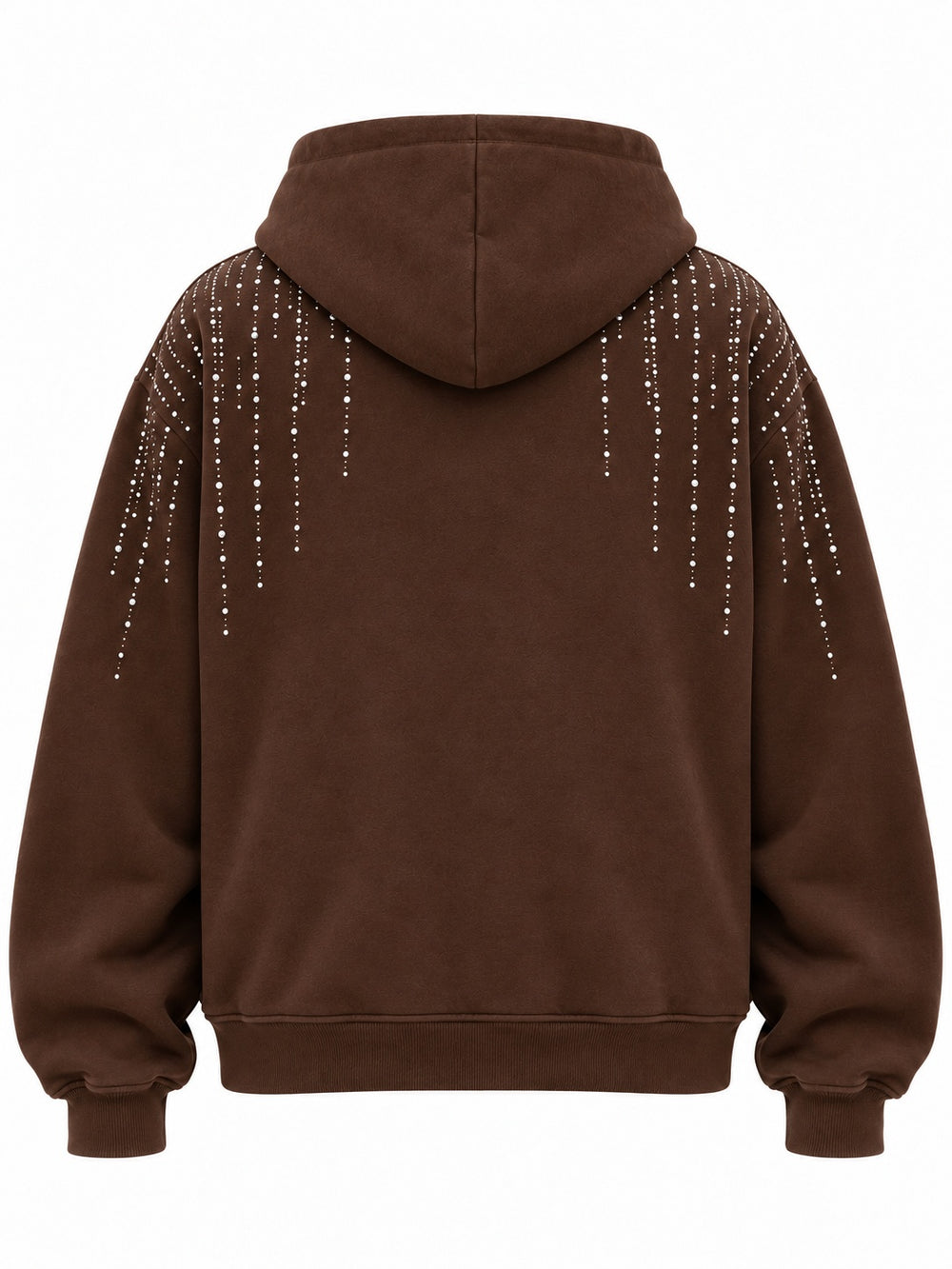 Back view of the Silver Rain chocolate brown rhinestone boxy zip-up hoodie with matching rhinestone strands fall from the back shoulders