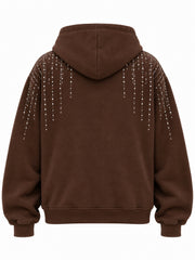 Back view of the Silver Rain chocolate brown rhinestone boxy zip-up hoodie with matching rhinestone strands fall from the back shoulders