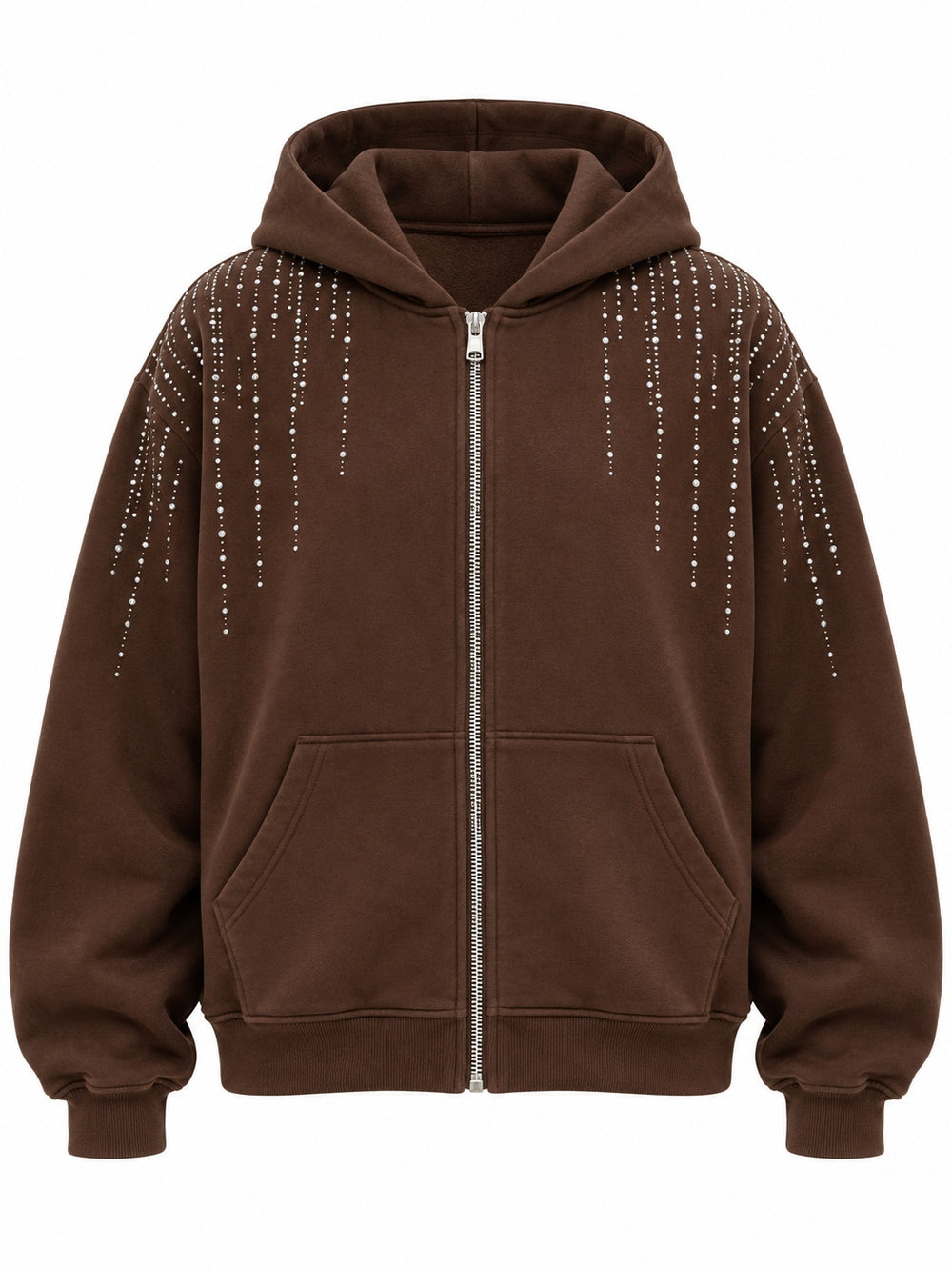 Front view of the Silver Rain chocolate brown rhinestone boxy zip-up hoodie with vertical strands of silver rhinestones falling from the shoulders