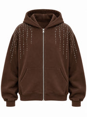 Front view of the Silver Rain chocolate brown rhinestone boxy zip-up hoodie with vertical strands of silver rhinestones falling from the shoulders