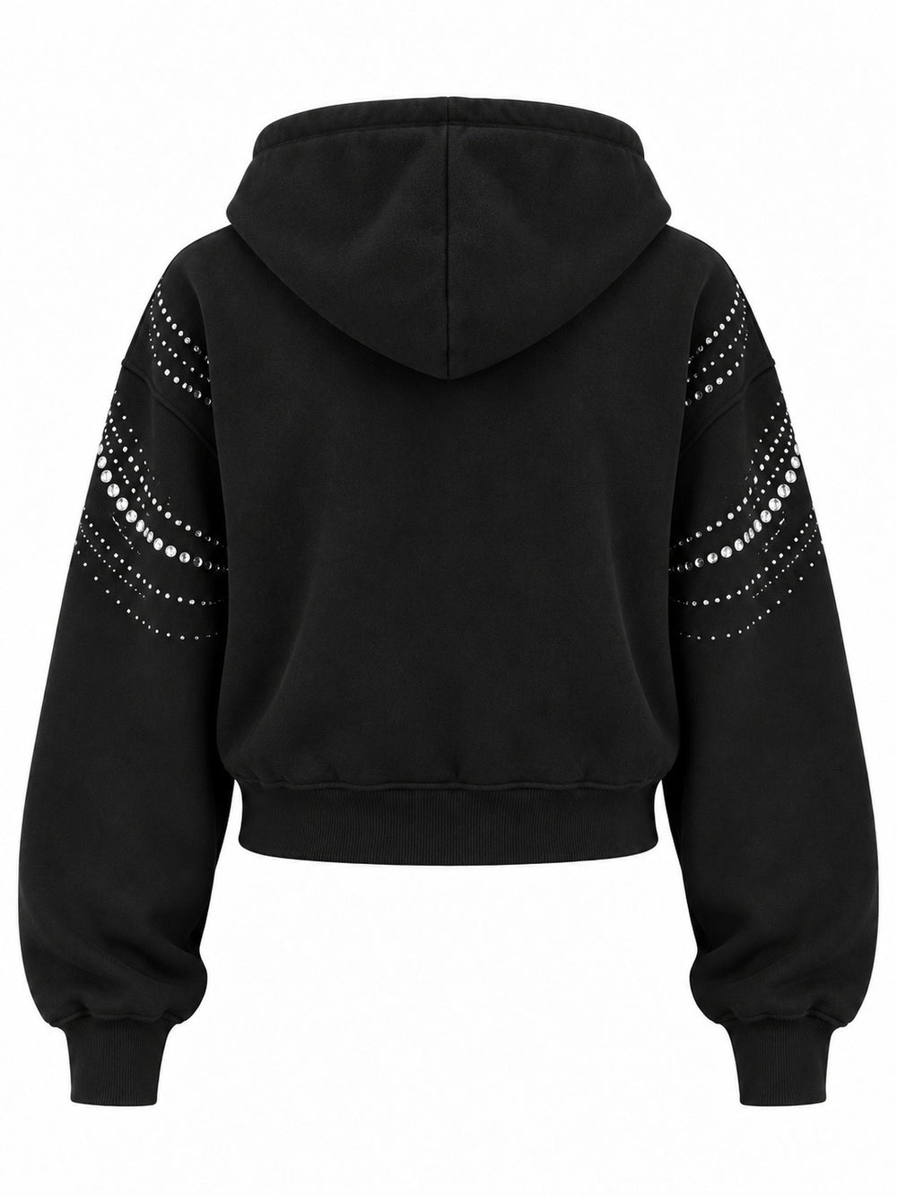 Back view of the Crystal Drape ink black rhinestone cropped zip-up hoodie with plain back; the rhinestone arcs continue over the shoulders and upper sleeves