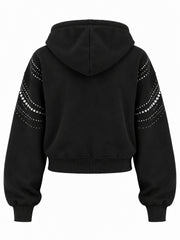 Back view of the Crystal Drape ink black rhinestone cropped zip-up hoodie with plain back; the rhinestone arcs continue over the shoulders and upper sleeves