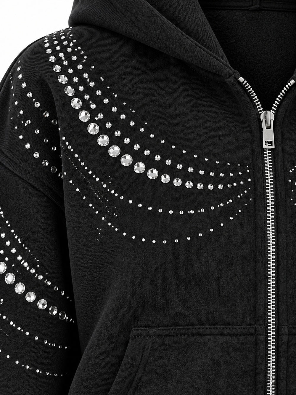 Close-up of the rhinestone decoration on the Crystal Drape ink black rhinestone cropped zip-up hoodie