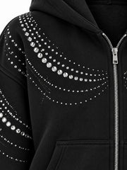 Close-up of the rhinestone decoration on the Crystal Drape ink black rhinestone cropped zip-up hoodie