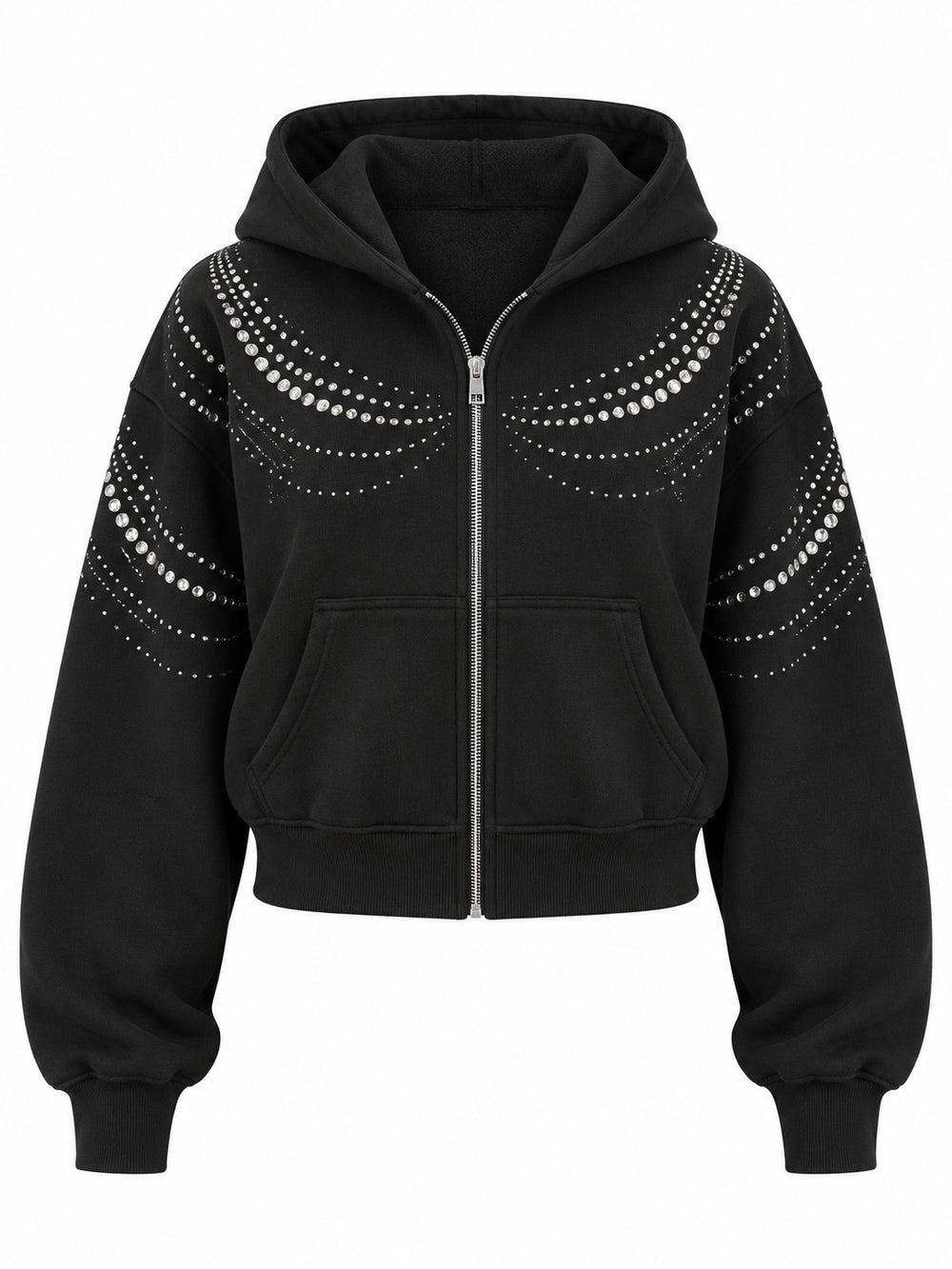 Front view of the Crystal Drape ink black rhinestone cropped zip-up hoodie with draped arcs of silver rhinestones across the shoulders and upper chest