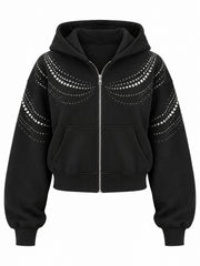 Front view of the Crystal Drape ink black rhinestone cropped zip-up hoodie with draped arcs of silver rhinestones across the shoulders and upper chest