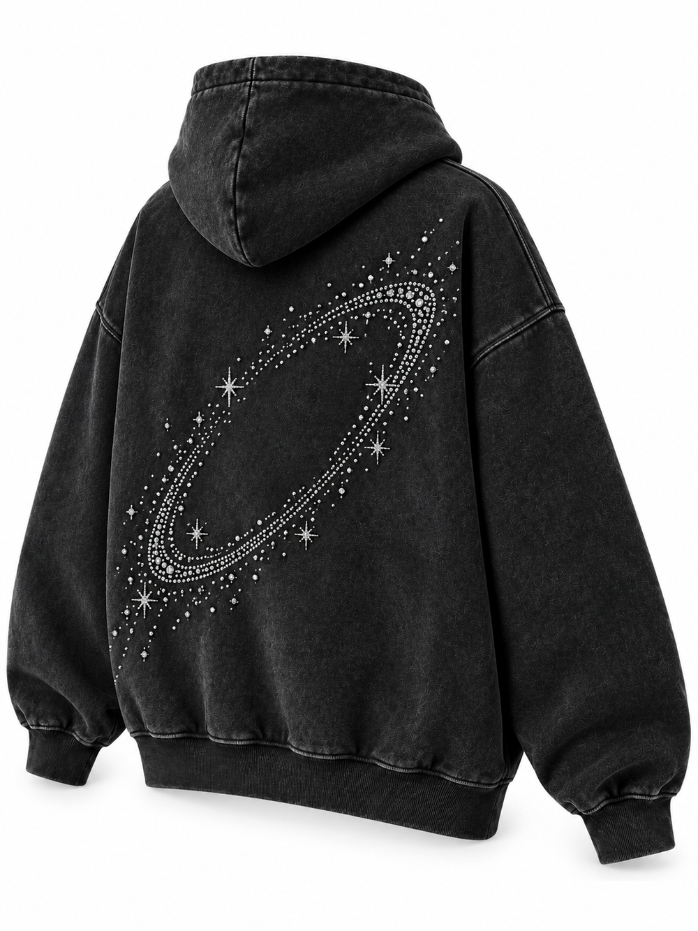 Rear three-quarter view of the Orbit Constellation washed black rhinestone oversized hoodie