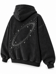 Rear three-quarter view of the Orbit Constellation washed black rhinestone oversized hoodie