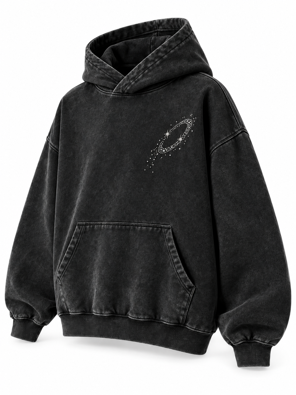 Front three-quarter view of the Orbit Constellation washed black rhinestone oversized hoodie