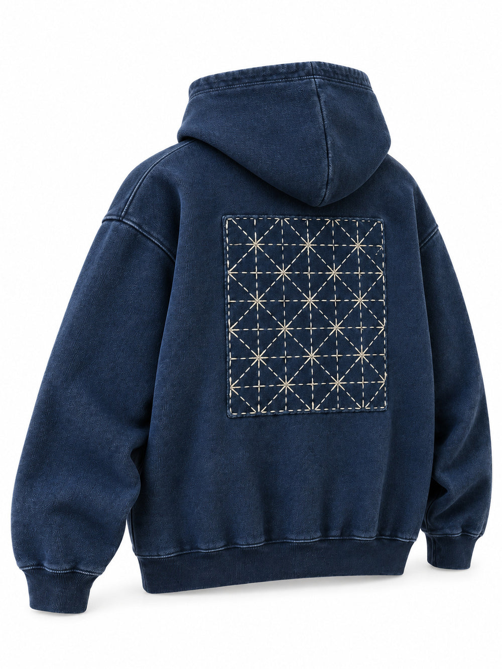 Rear three-quarter view of the Indigo Grid indigo sashiko stitch boxy hoodie