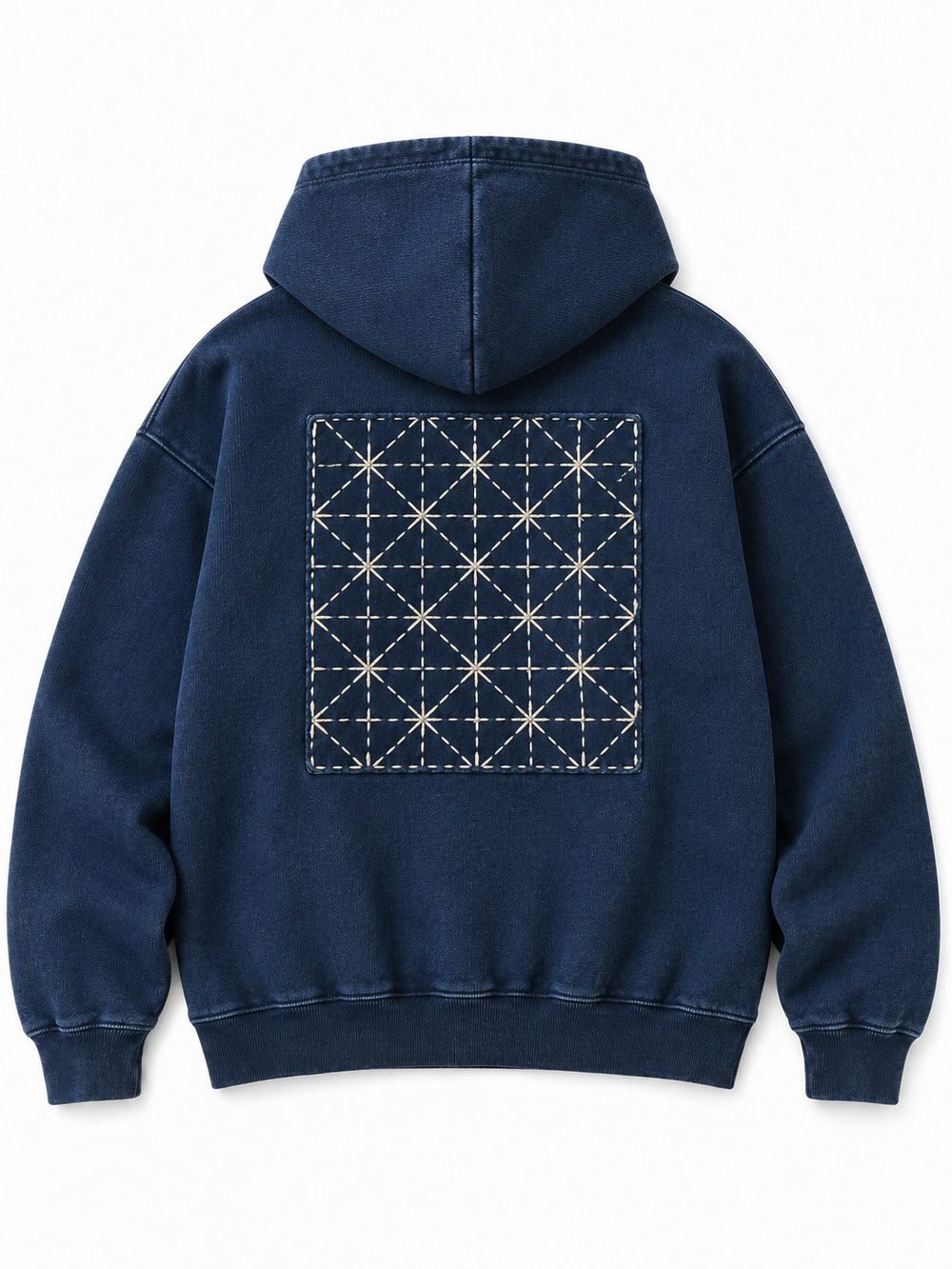 Back view of the Indigo Grid indigo sashiko stitch boxy hoodie with a large geometric grid of visible sashiko-style stitching