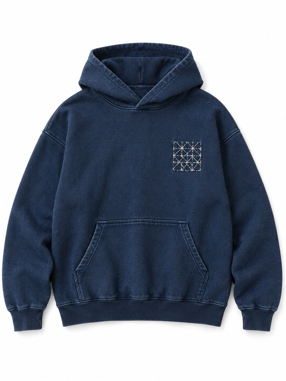 Front view of the Indigo Grid indigo sashiko stitch boxy hoodie with a small pale stitched geometric grid at the left chest