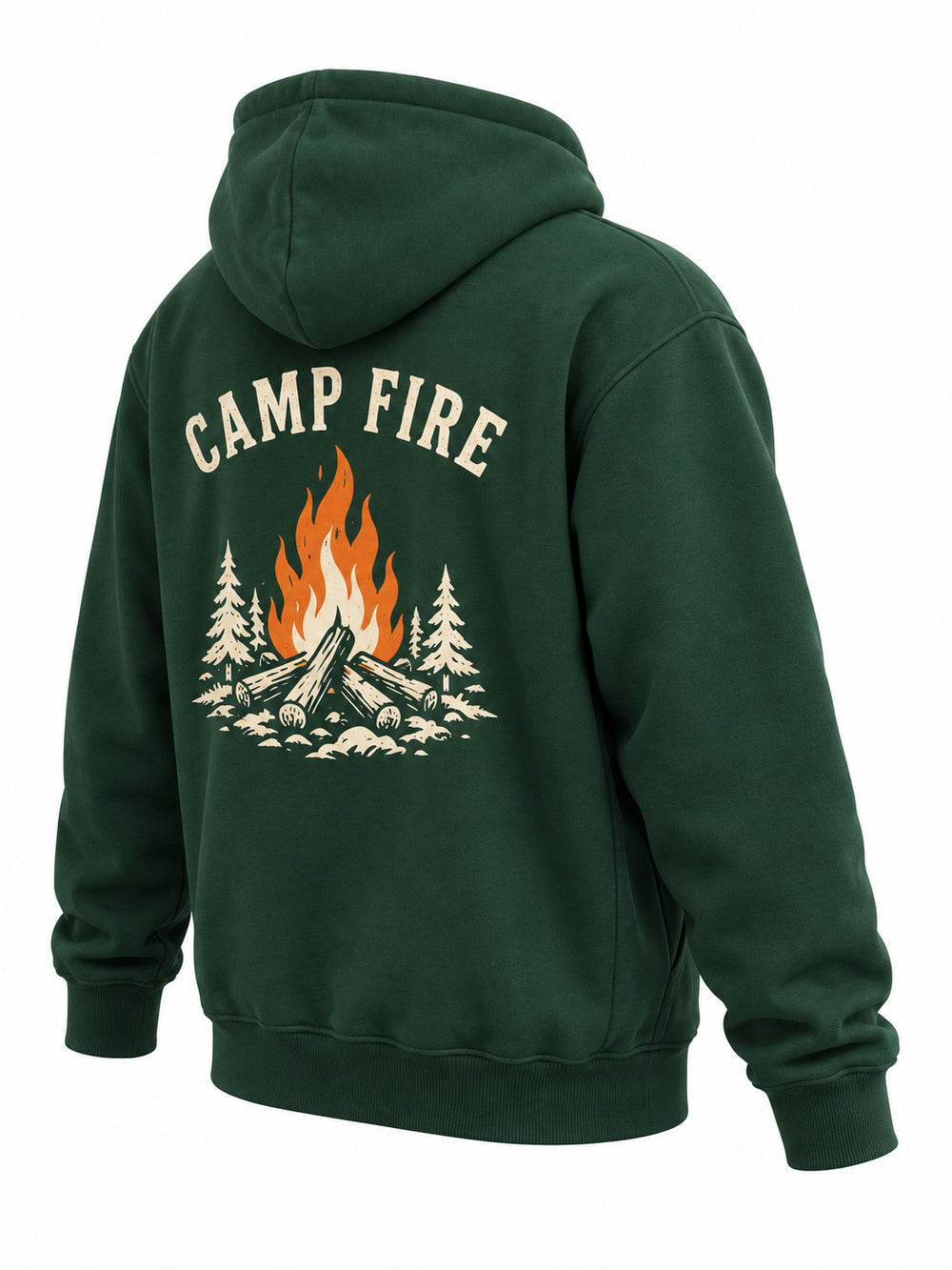 Rear three-quarter view of the Camp Fire forest green screen print hoodie