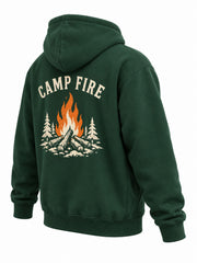Rear three-quarter view of the Camp Fire forest green screen print hoodie
