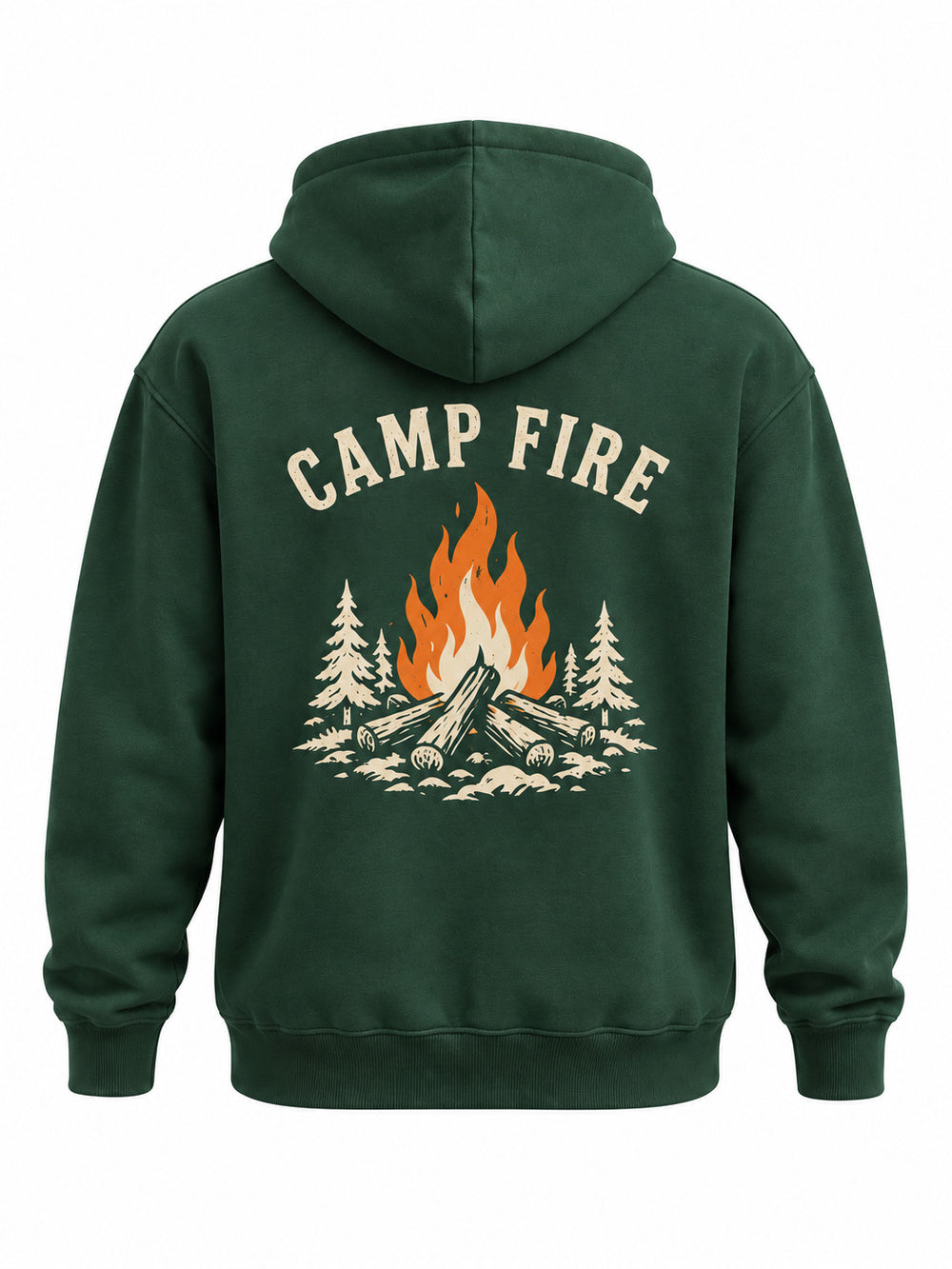 Back view of the Camp Fire forest green screen print hoodie with two-color cream and orange campfire with CAMP FIRE arched above