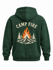 Back view of the Camp Fire forest green screen print hoodie with two-color cream and orange campfire with CAMP FIRE arched above
