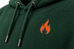 Close-up of the screen print decoration on the Camp Fire forest green screen print hoodie