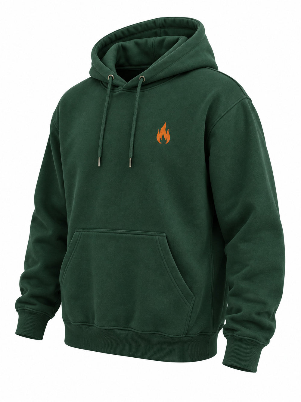Front three-quarter view of the Camp Fire forest green screen print hoodie