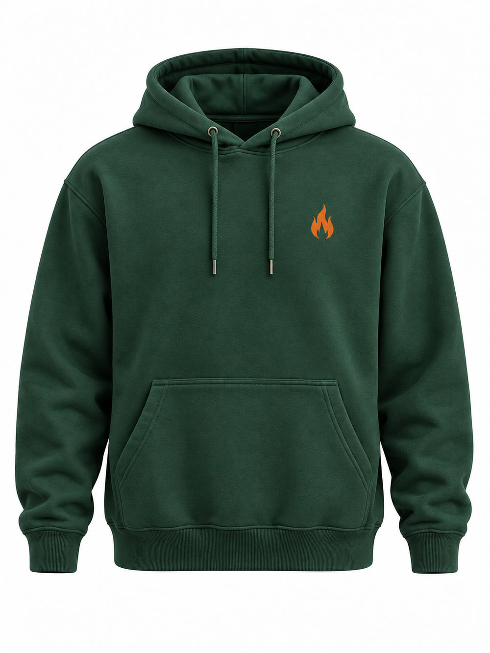 Front view of the Camp Fire forest green screen print hoodie with tiny orange flame icon