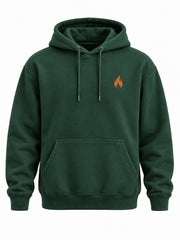 Front view of the Camp Fire forest green screen print hoodie with tiny orange flame icon