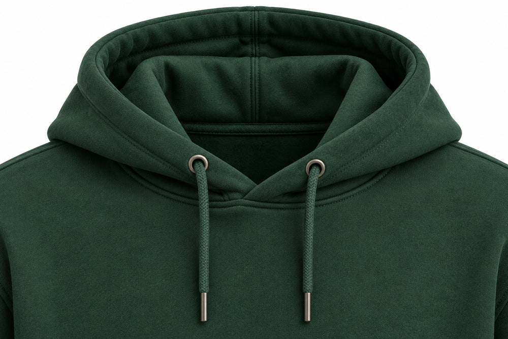Close-up of the hood and neckline of the Camp Fire forest green screen print hoodie