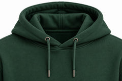 Close-up of the hood and neckline of the Camp Fire forest green screen print hoodie